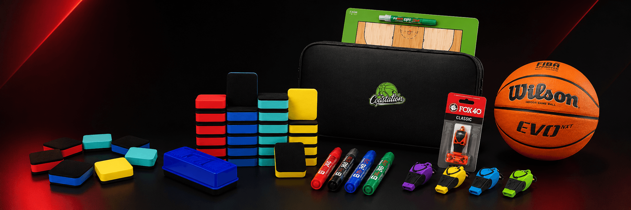 Fundas, rotuladores, silbatos FOX 40, material