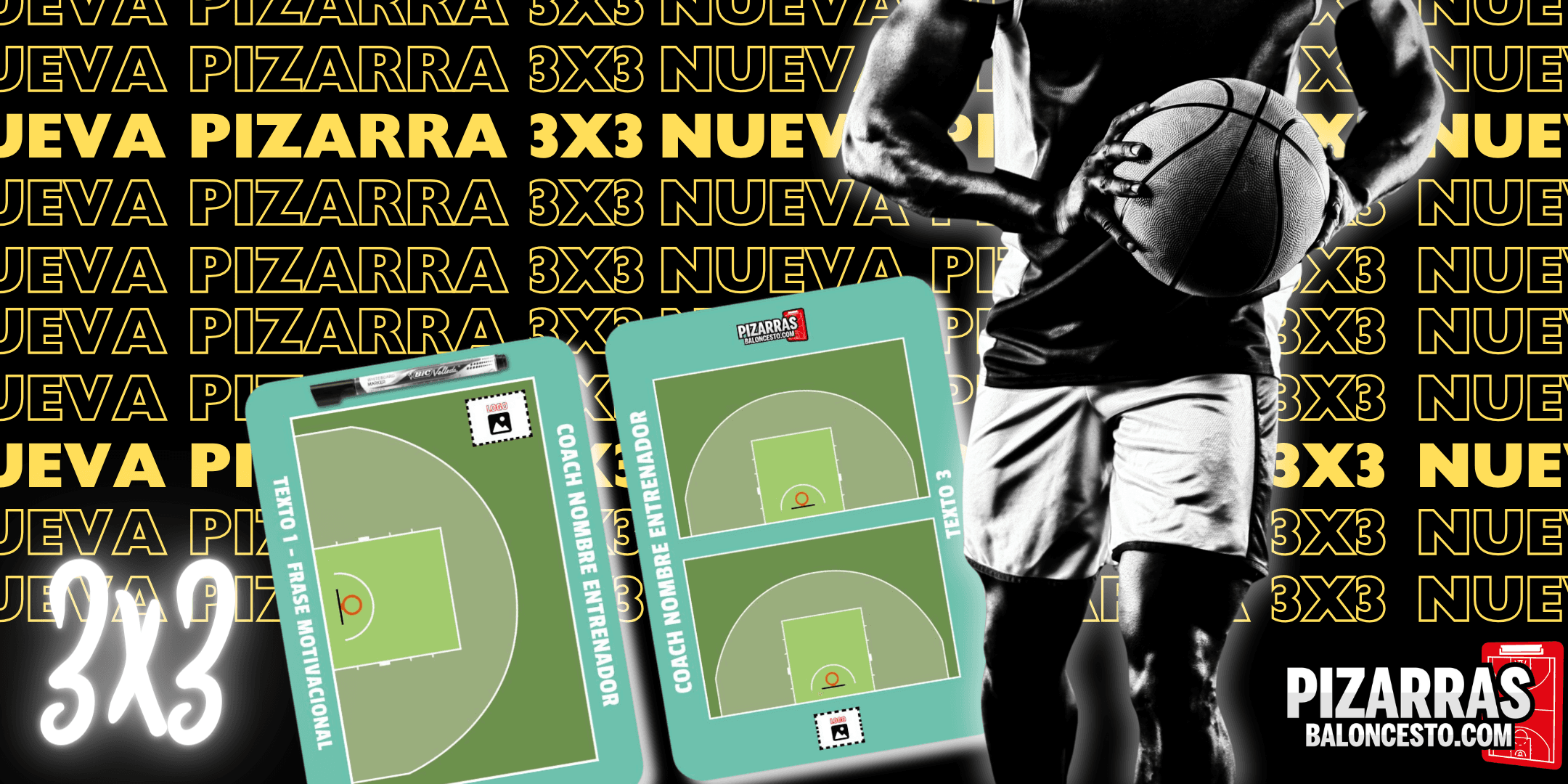 Dos pizarras de baloncesto 3x3 personalizadas ante la silueta en blanco y negro de un jugador con balón