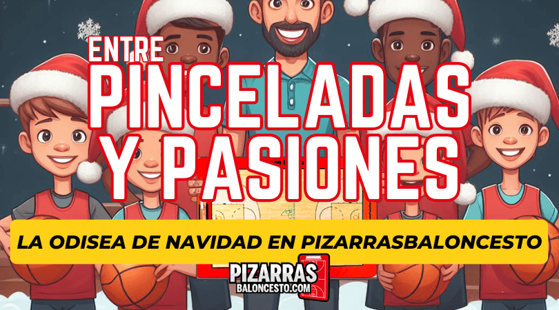Ilustración navideña de un entrenador y sus jugadores con gorros de Papá Noel sosteniendo pizarras de baloncesto