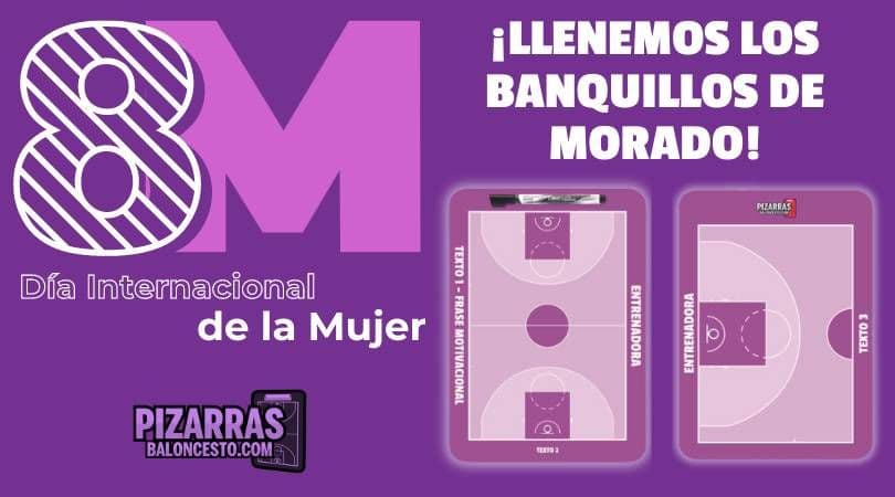 Dos pizarras de baloncesto moradas junto al símbolo del 8M, con el texto «Llenemos los banquillos de morado»