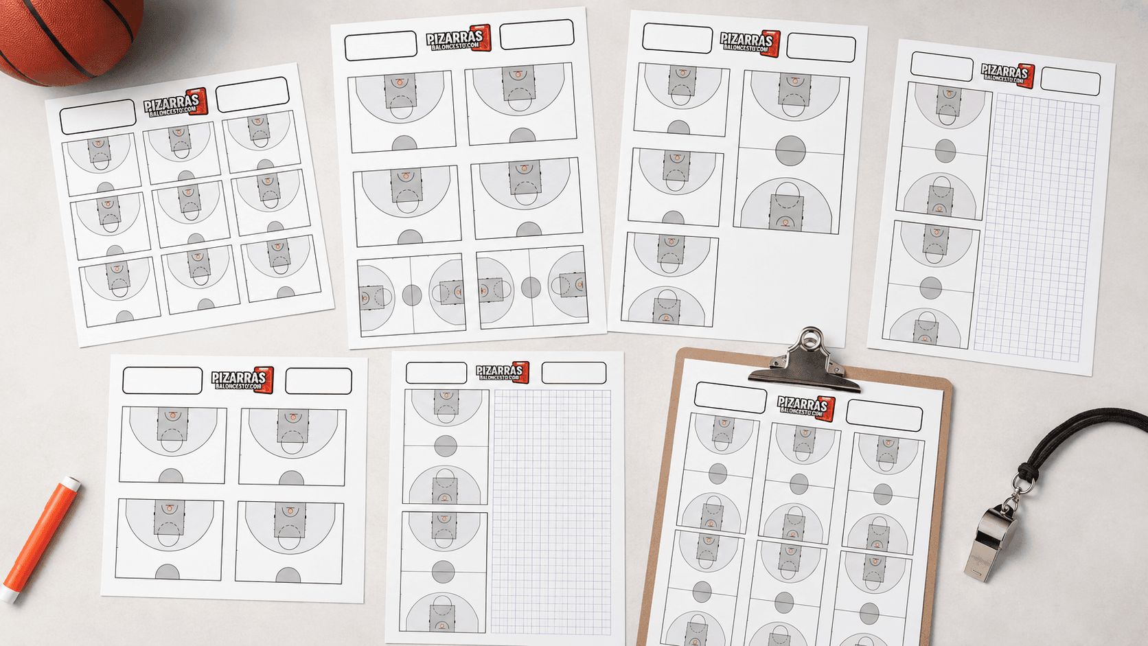 Las ocho planillas de baloncesto para imprimir de pizarrasbaloncesto.com, con medias pistas, campos enteros y cuadrícula