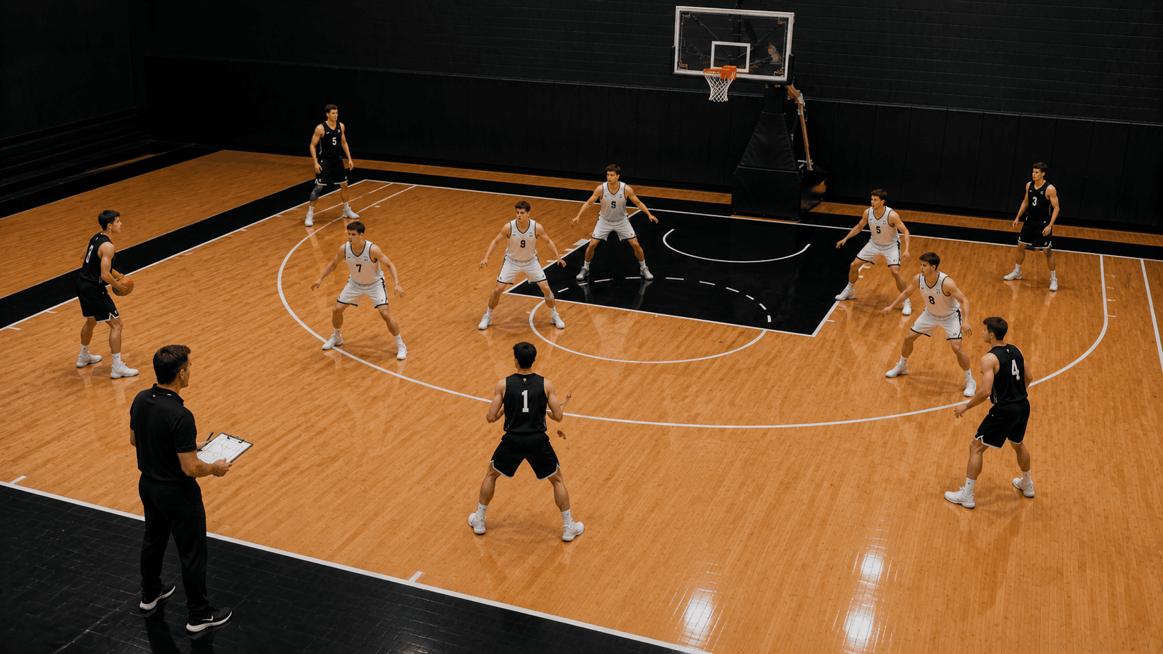 Equipo de baloncesto atacando zona con su entrenador