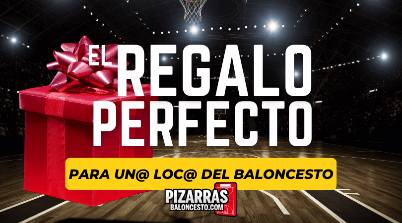 Caja de regalo roja con lazo en una cancha iluminada, con el título «El regalo perfecto para un@ loc@ del baloncesto»